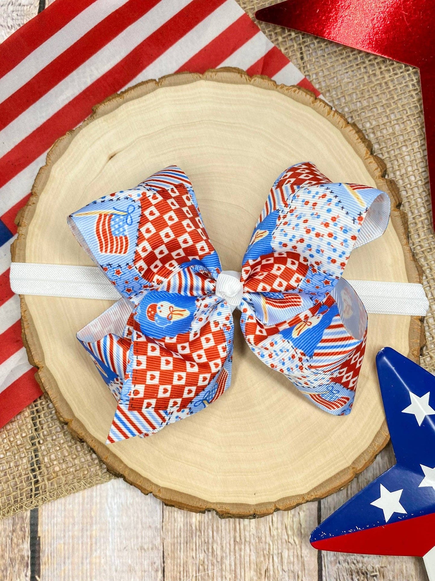 Red White & Blue Patchwork Classic Hair Bow on Clip
