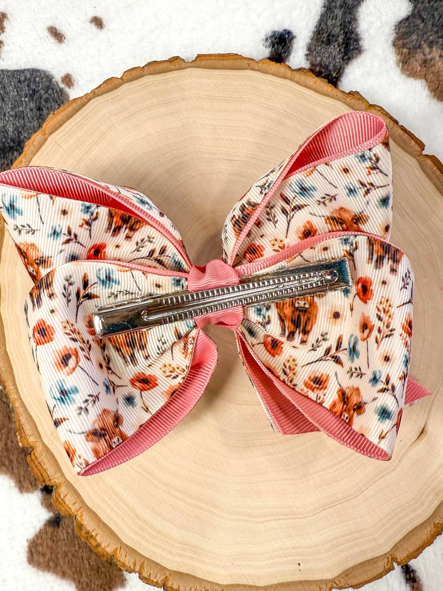 Highland Cows & Flowers Double Layer Hair Bow