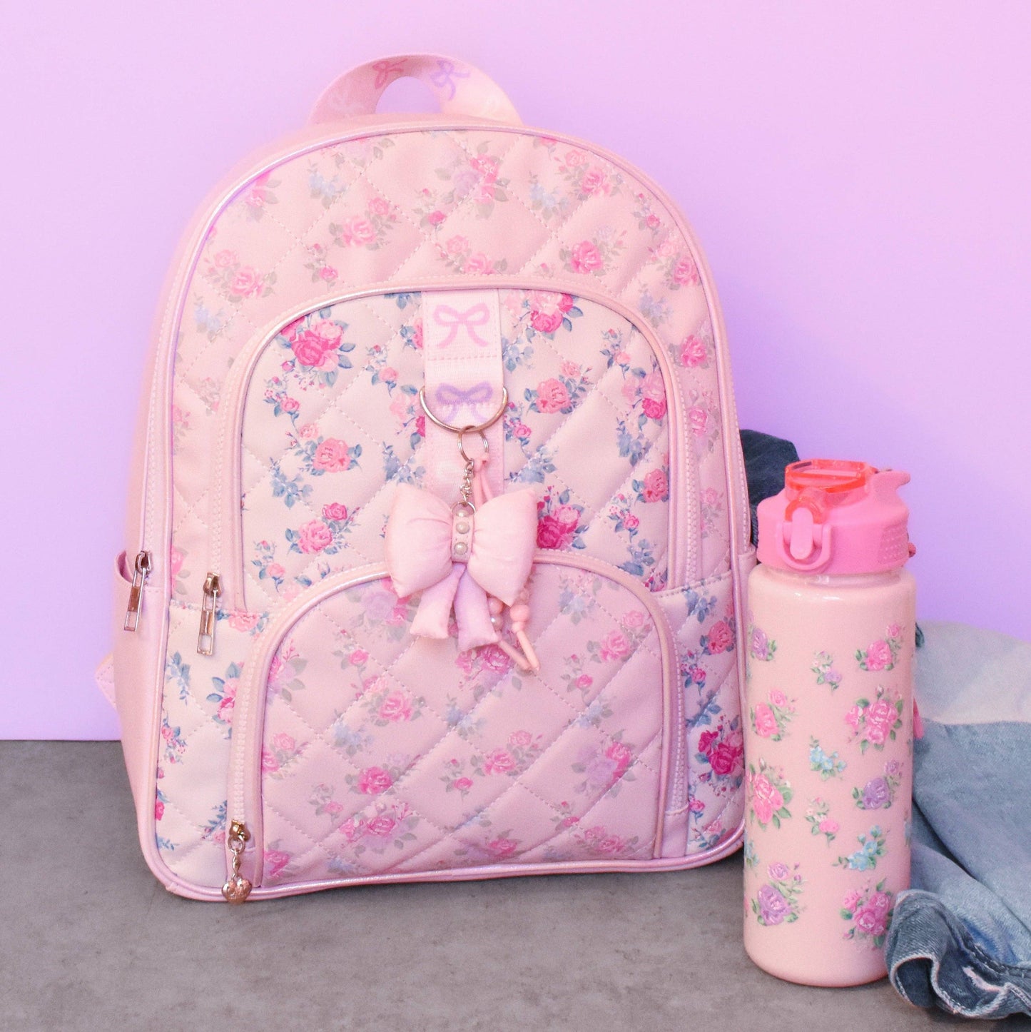 Floral Quilted Large Backpack with Bow Charm