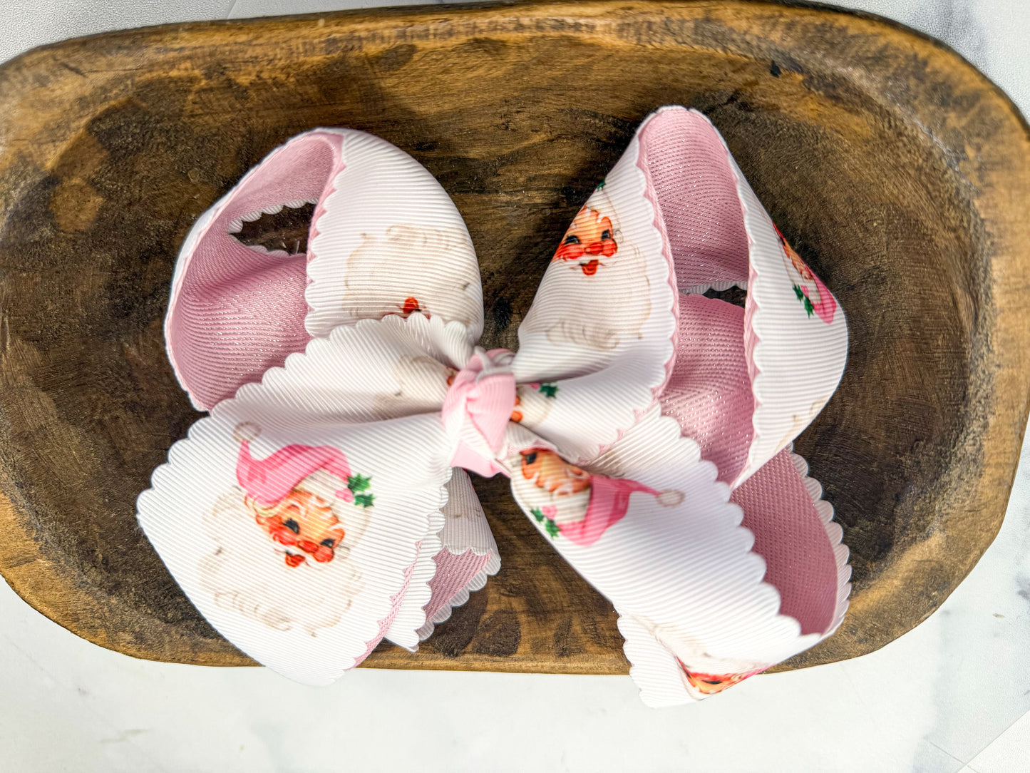 Pink Scalloped Vintage Santa Glitter Hair Bow