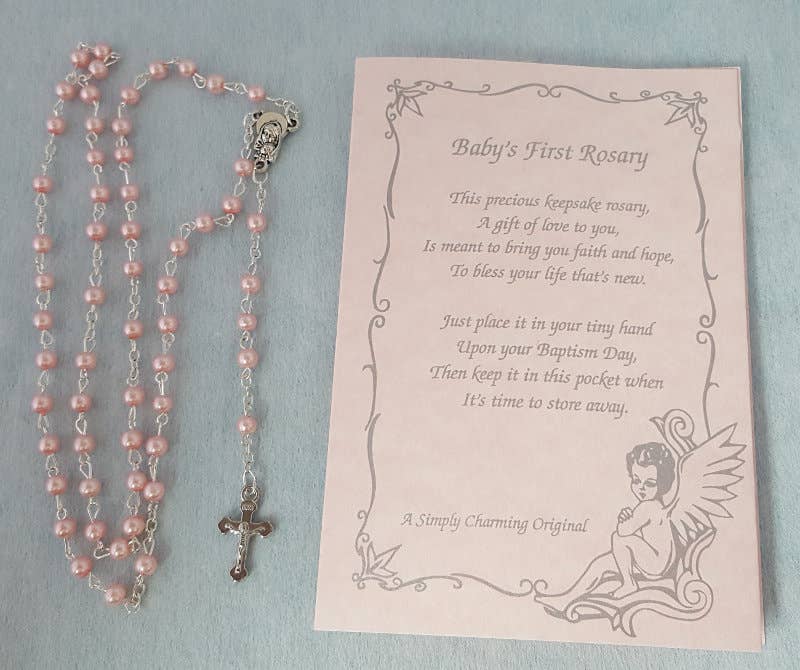 Pink Rosary With Baby'S First Rosary Poem