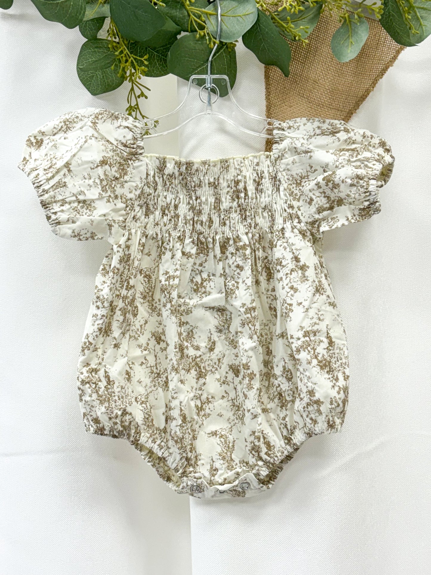 Vintage Floral Smocked Puff Sleeve Baby Romper - Blue/Apricot