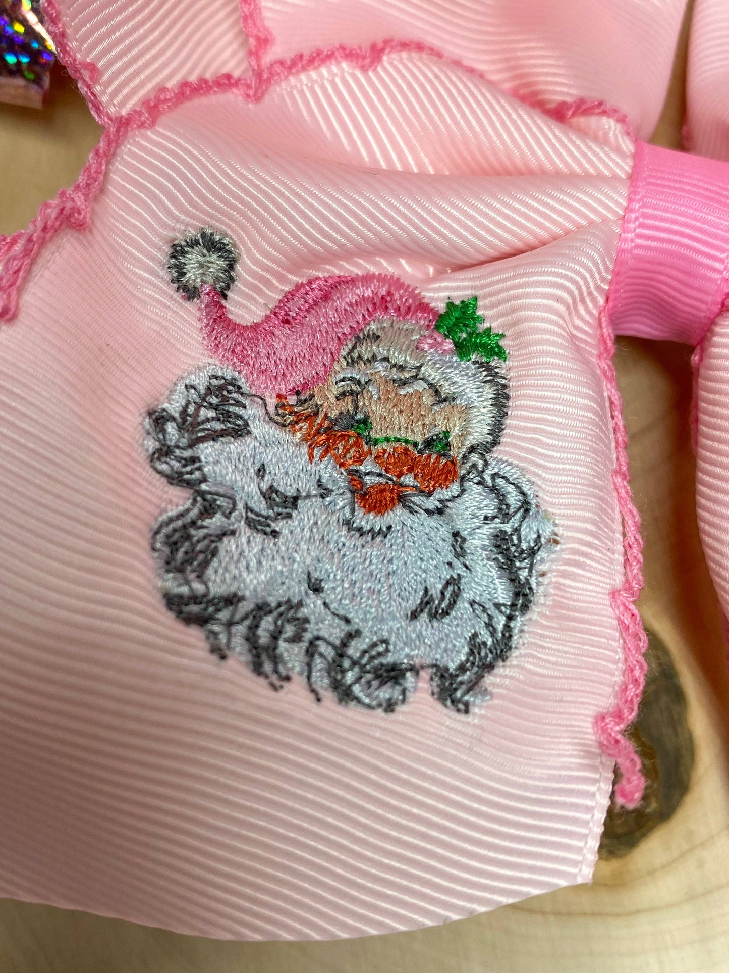 Pink Santa Embroidered Hair Bow