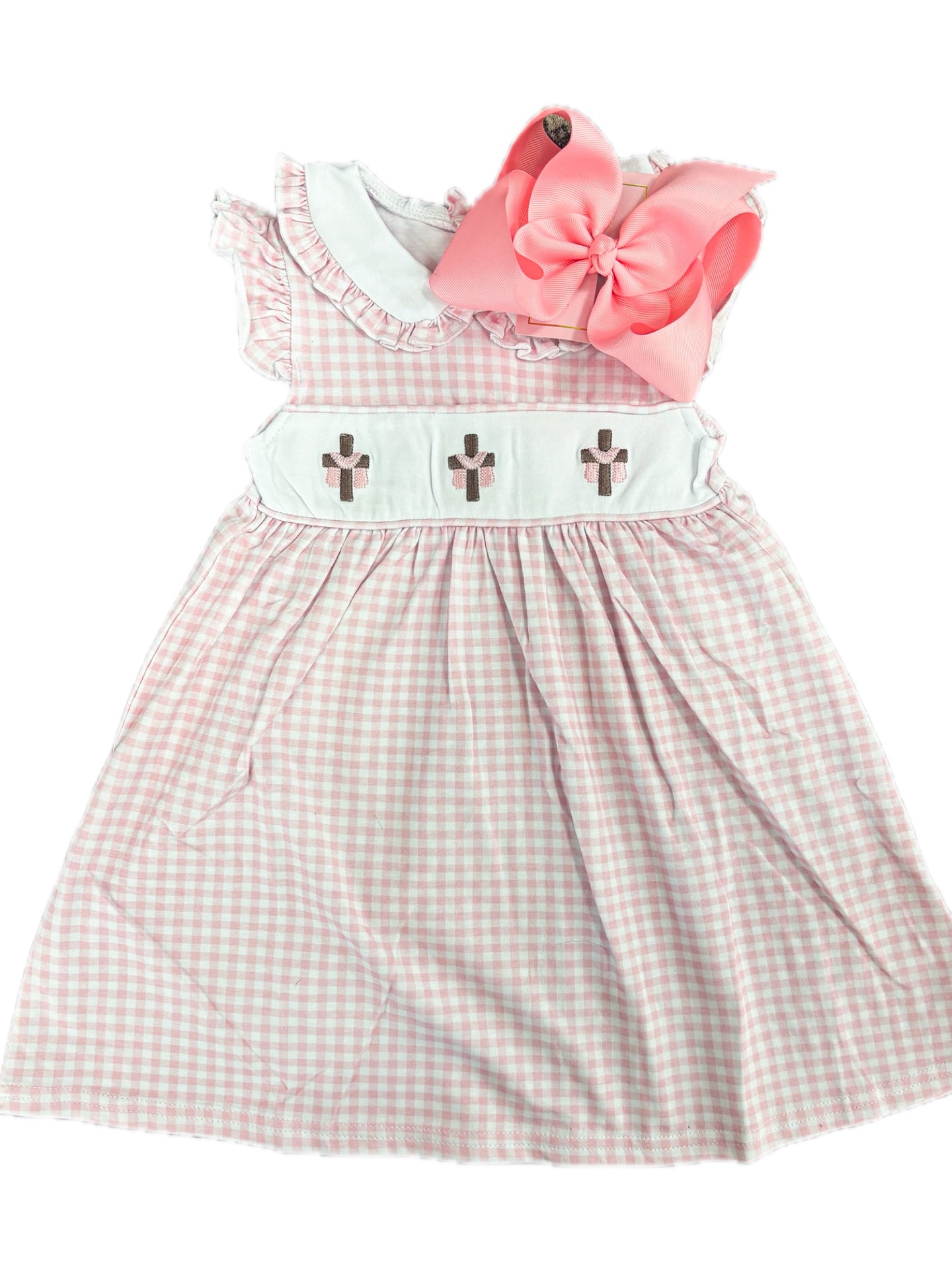 Embroidered Cross Pink Gingham Dress