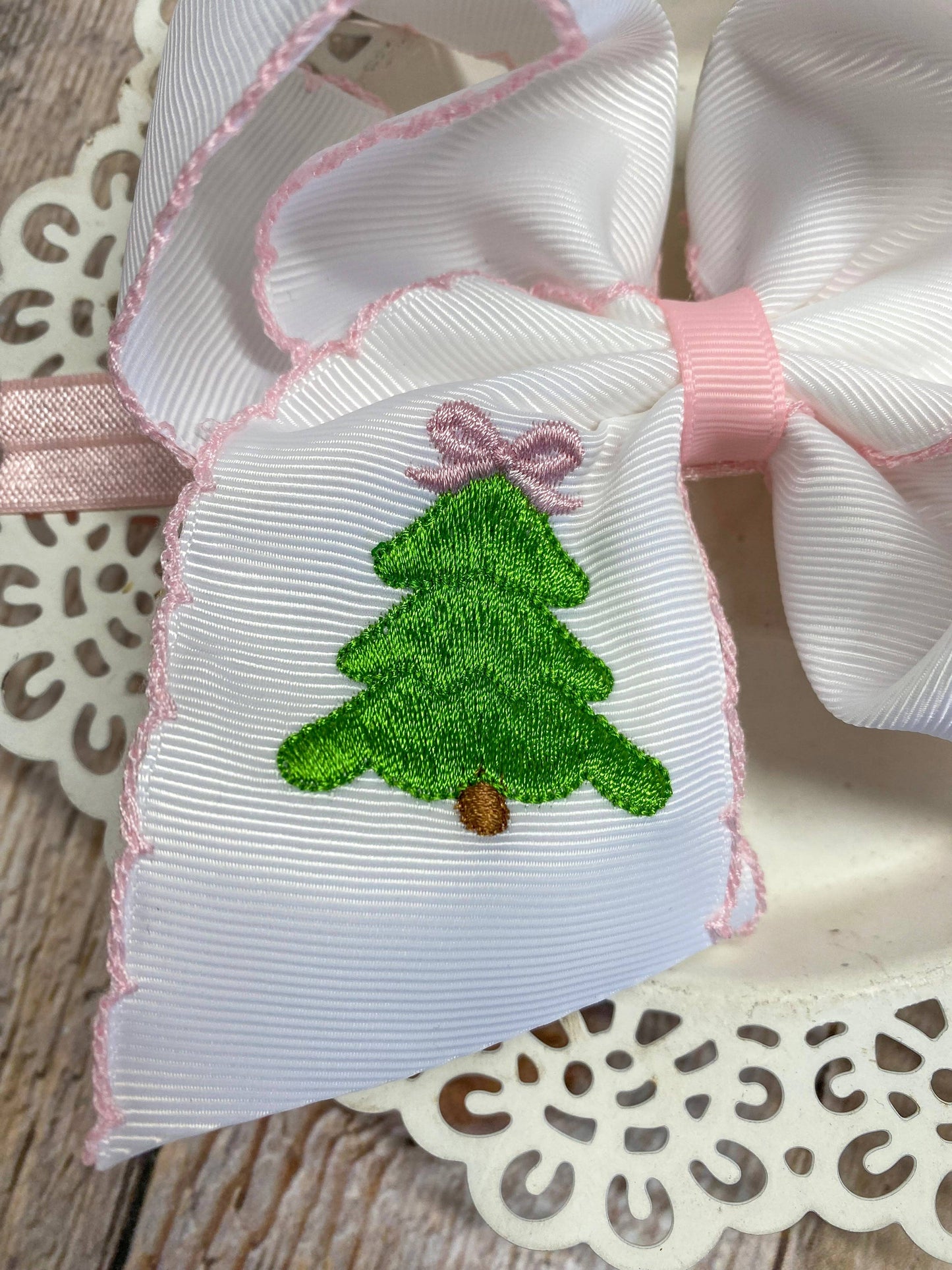 Pink Christmas Tree Embroidered Hair Bow Headband