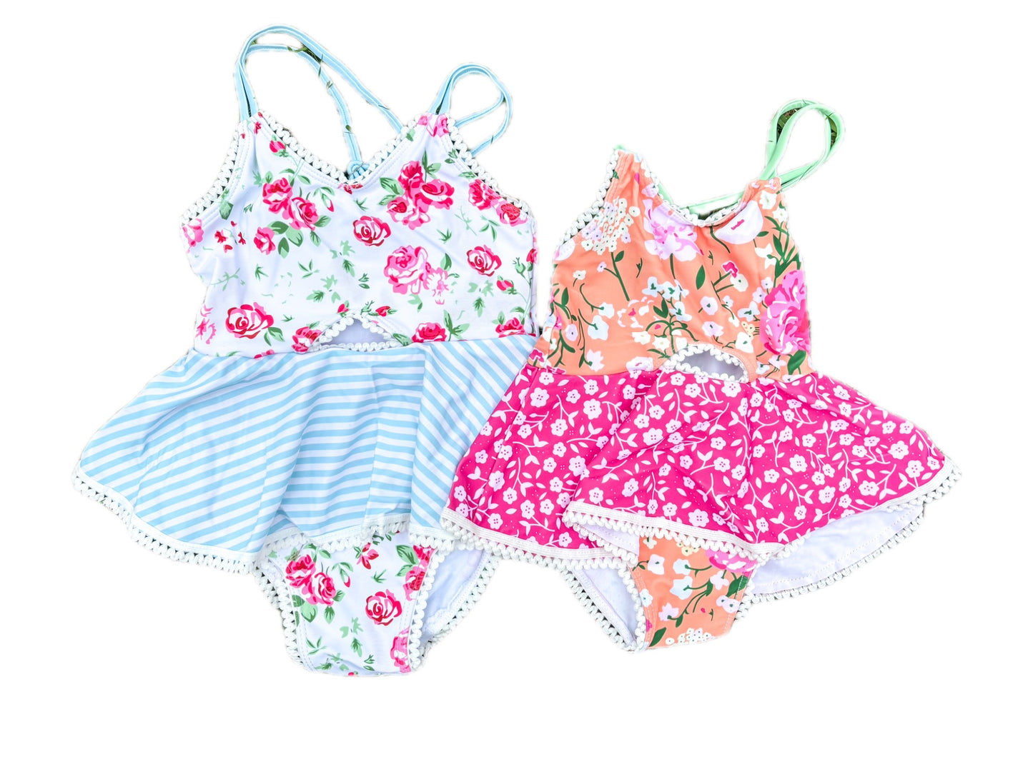 Blue Stripe Floral Skirted Swim