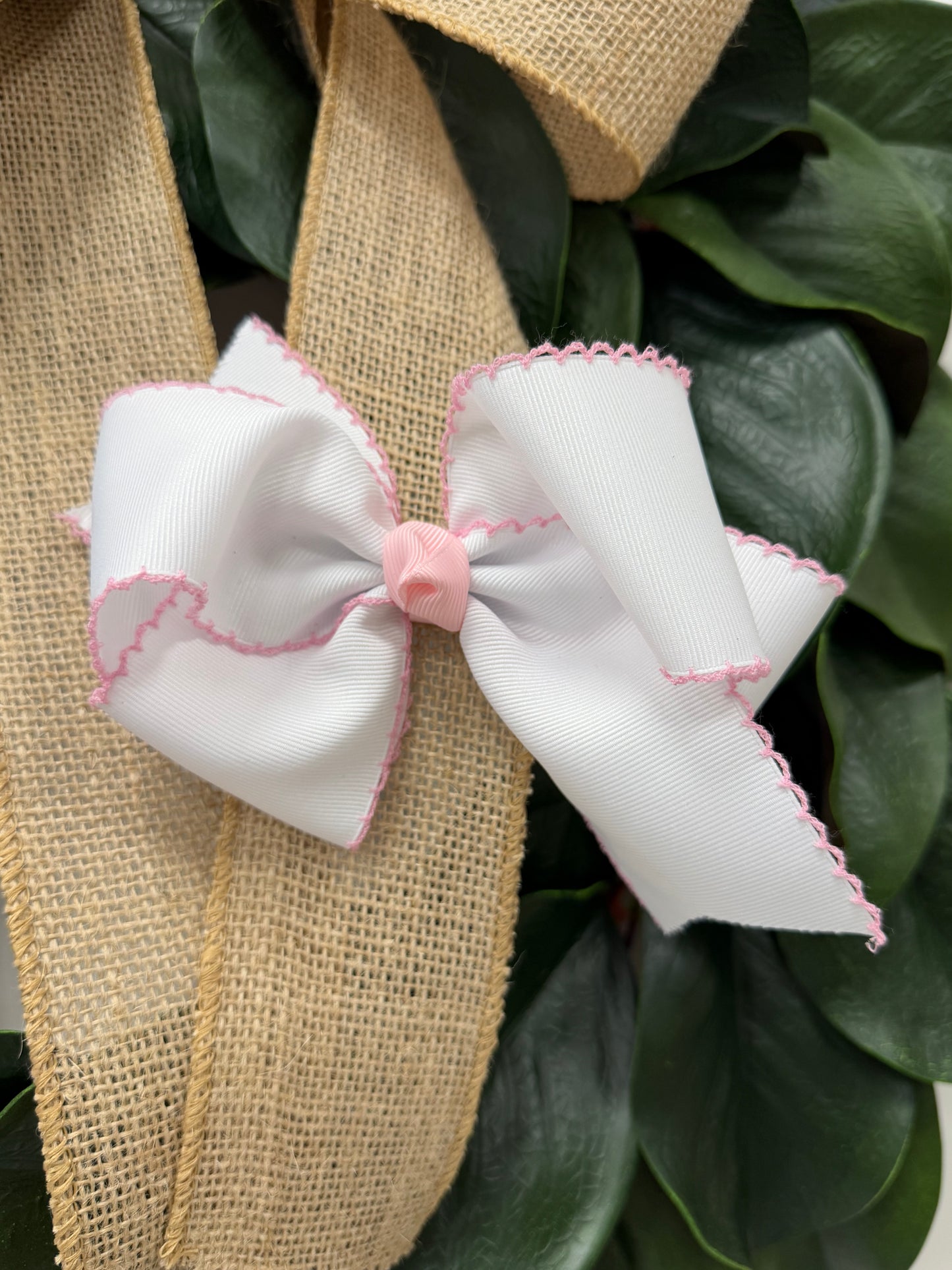 White with Light Pink Moonstitch Hair Bow
