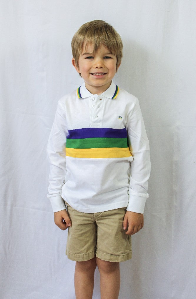 Boys White Striped Mardi Gras Polo