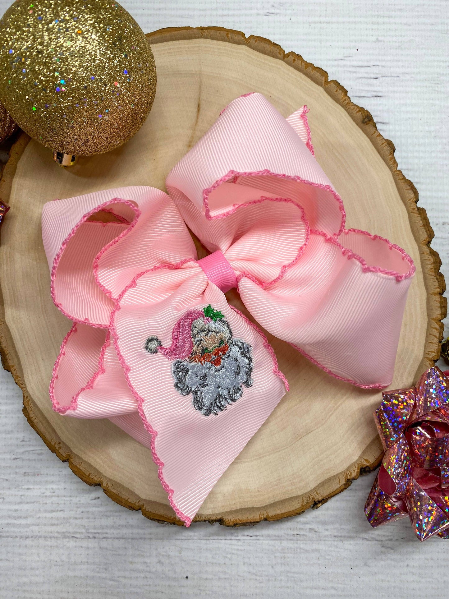 Pink Santa Embroidered Hair Bow