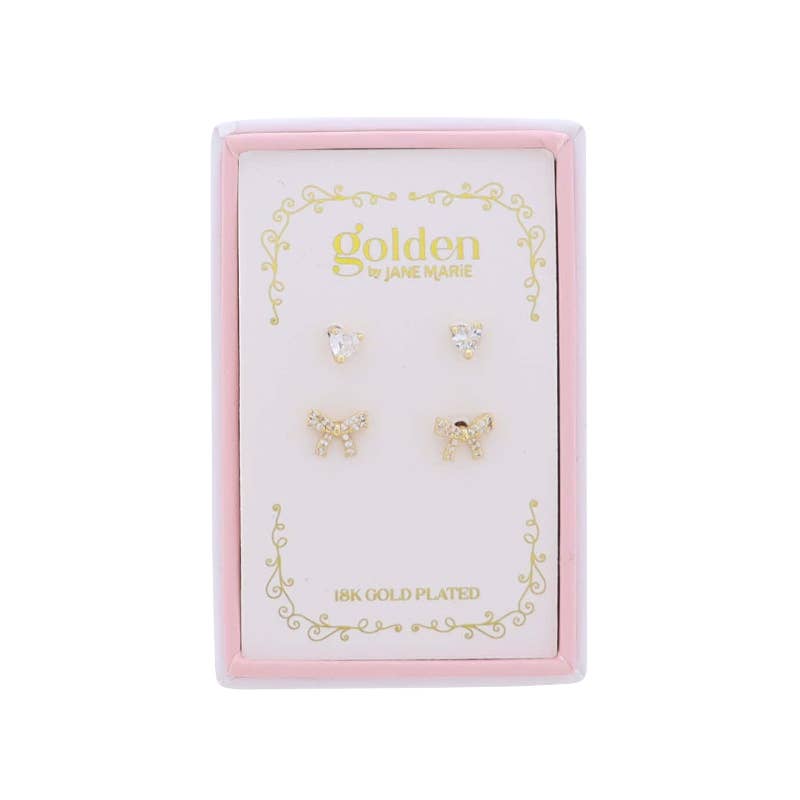Kids 18K Gold Plated Set of 2 Heart & Bow Stud Earrings