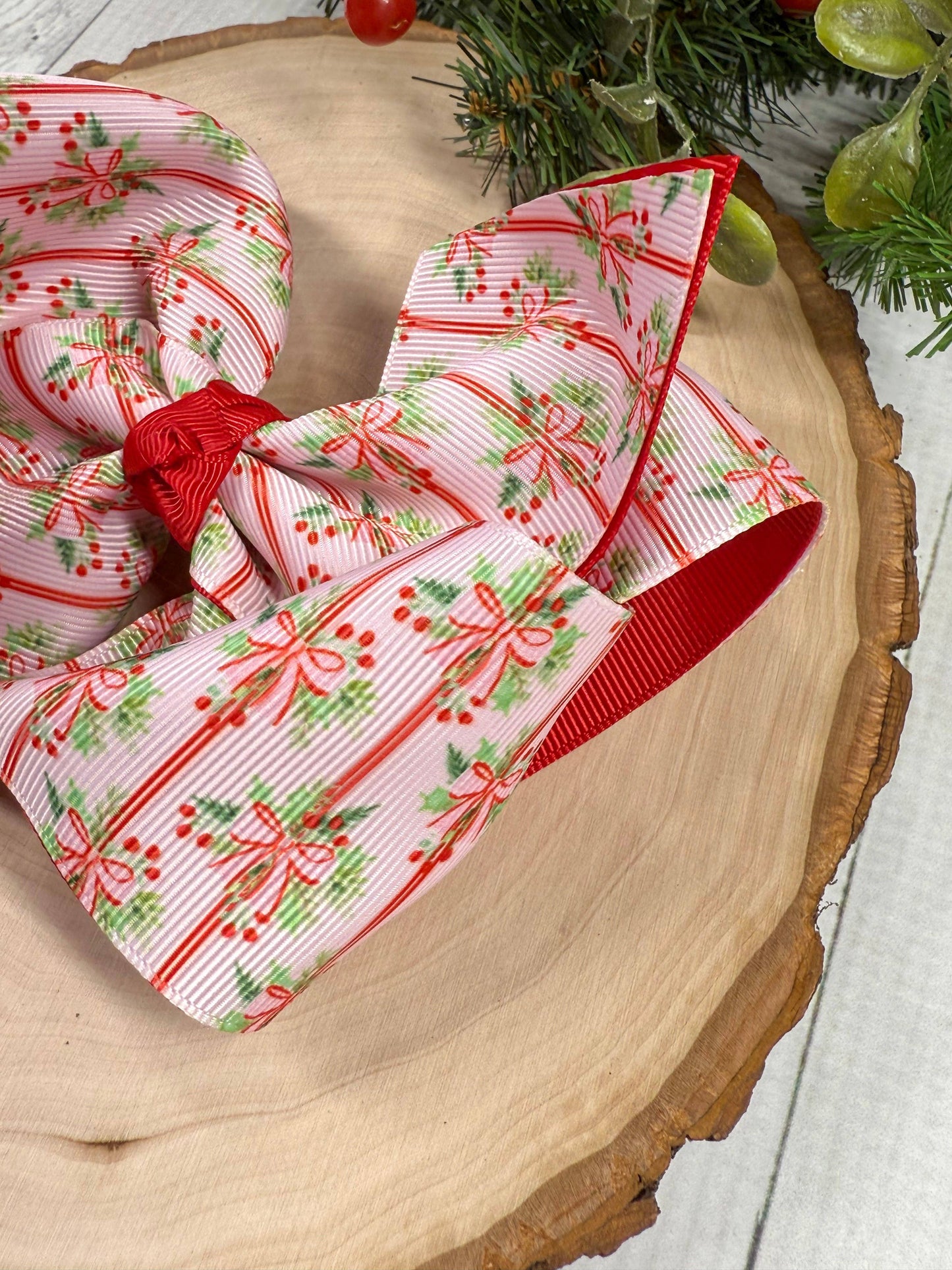 Holly Bows & Stripes Hair Bow