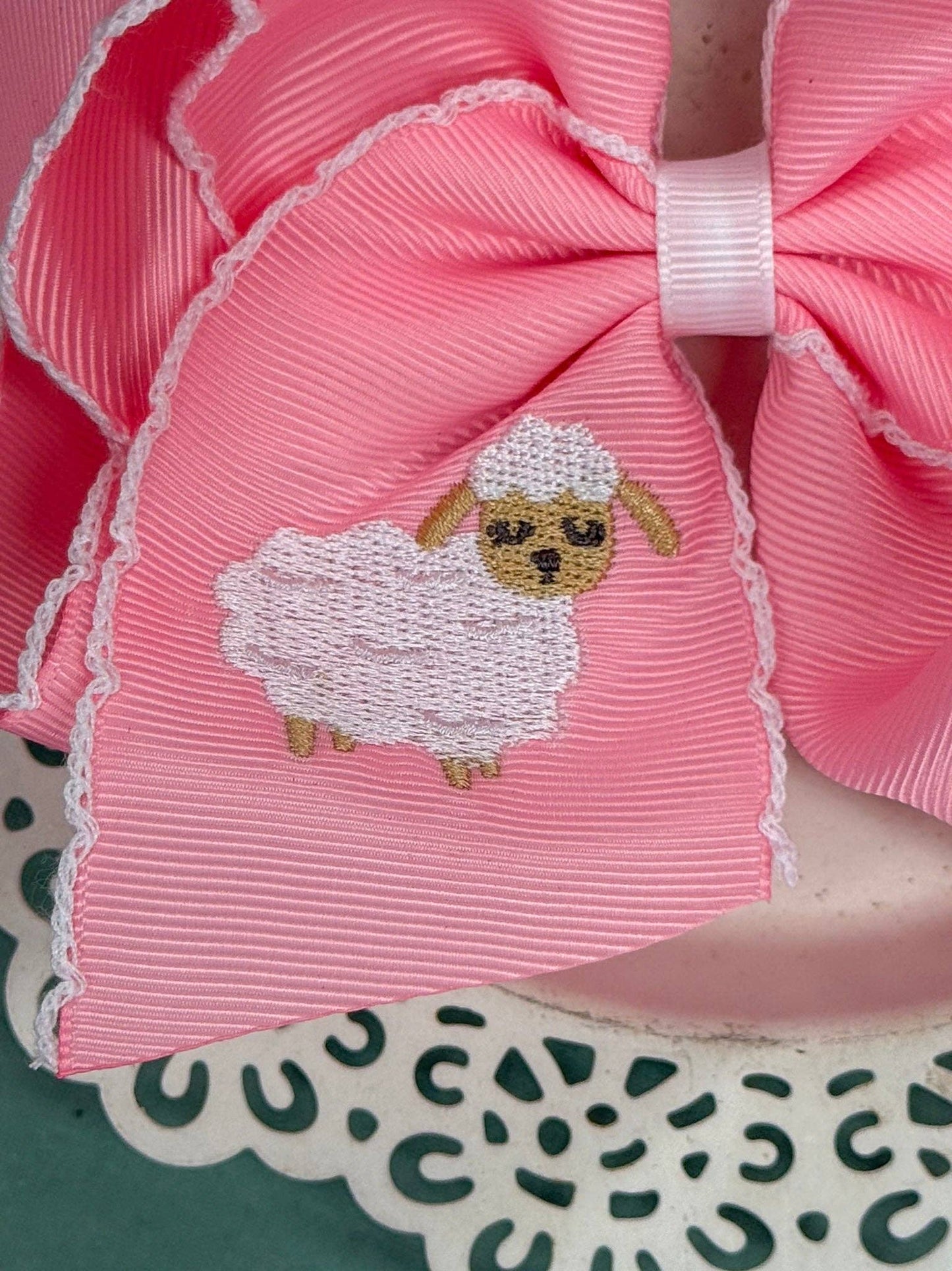 Little Lamb Embroidered Light Pink Moonstitch Bow Headband