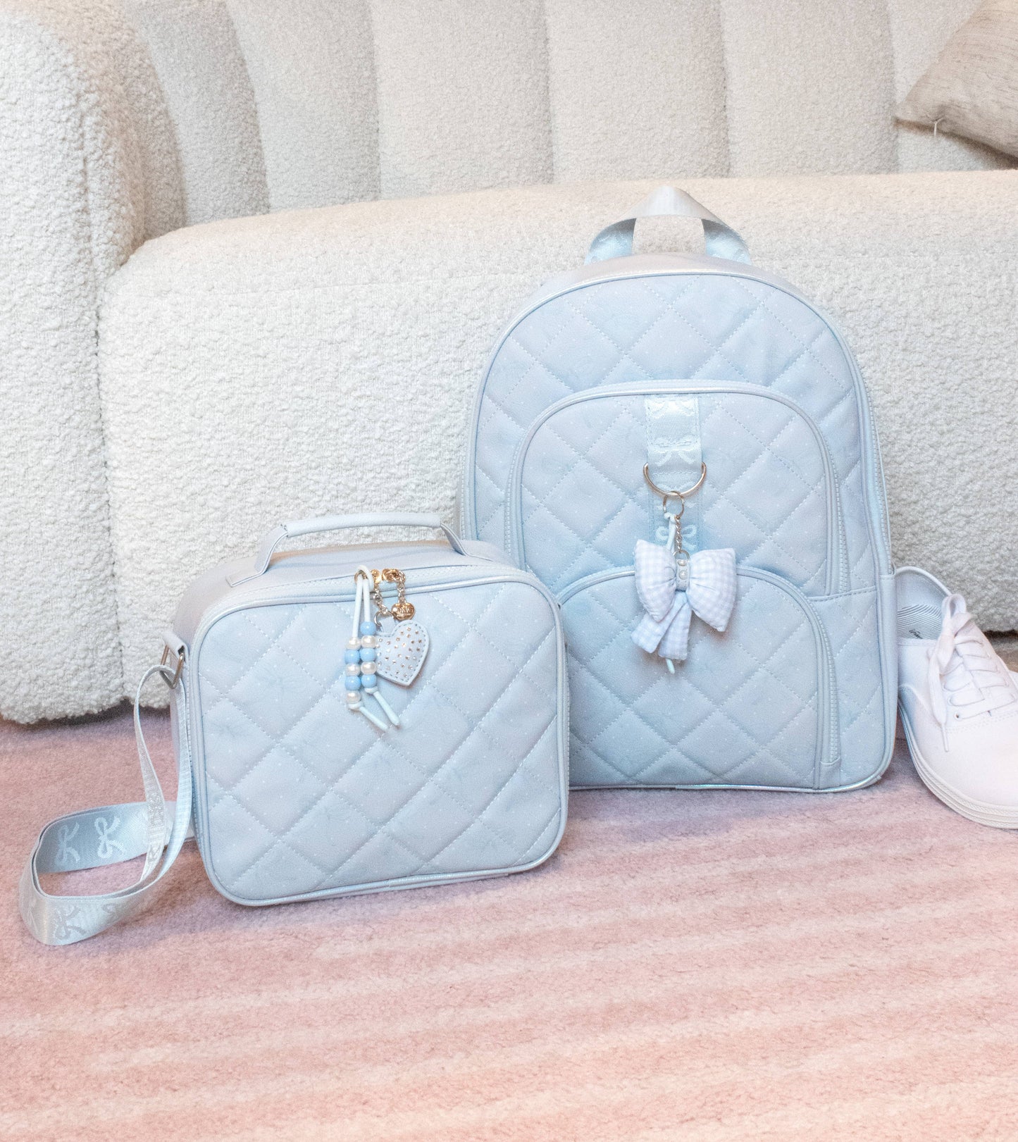 Bow Print Quilted Large Backpack with Charm