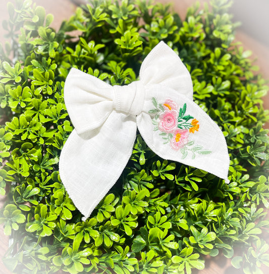 White Floral Embroidery Bow