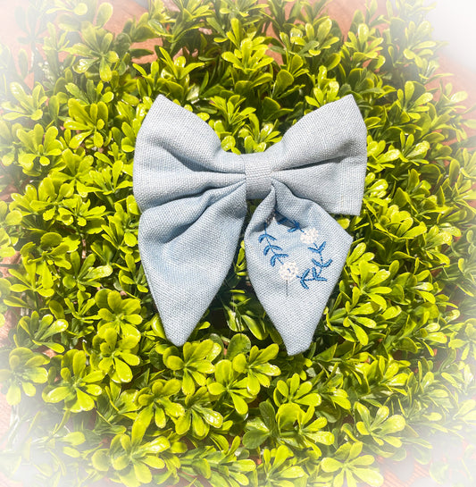 Blue Floral Embrodiery Bow