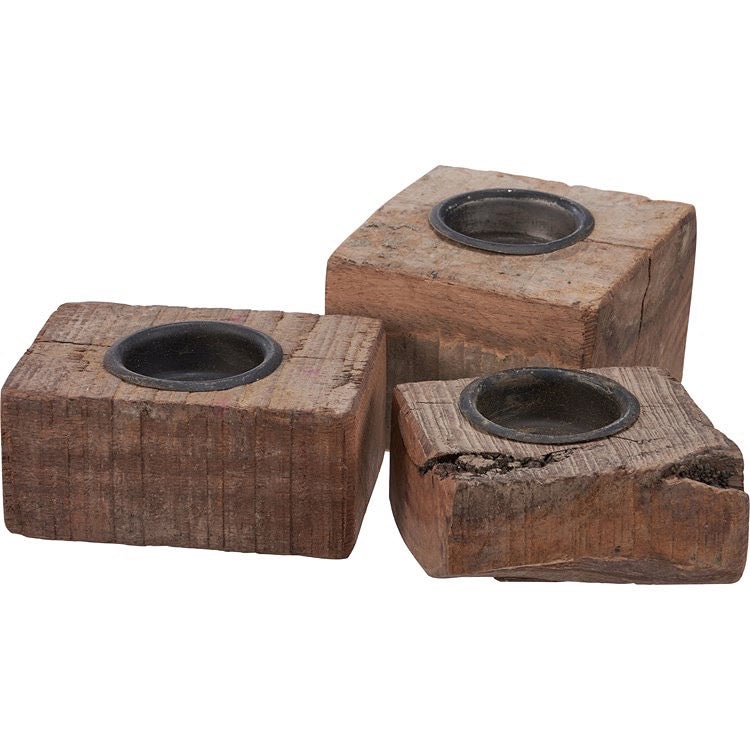 Wood block tea light candle holder