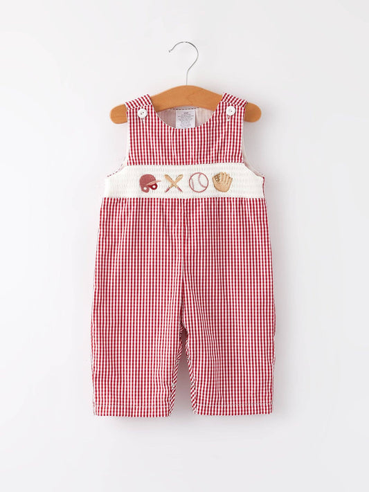 Red Gingham Baseball Smock Romper