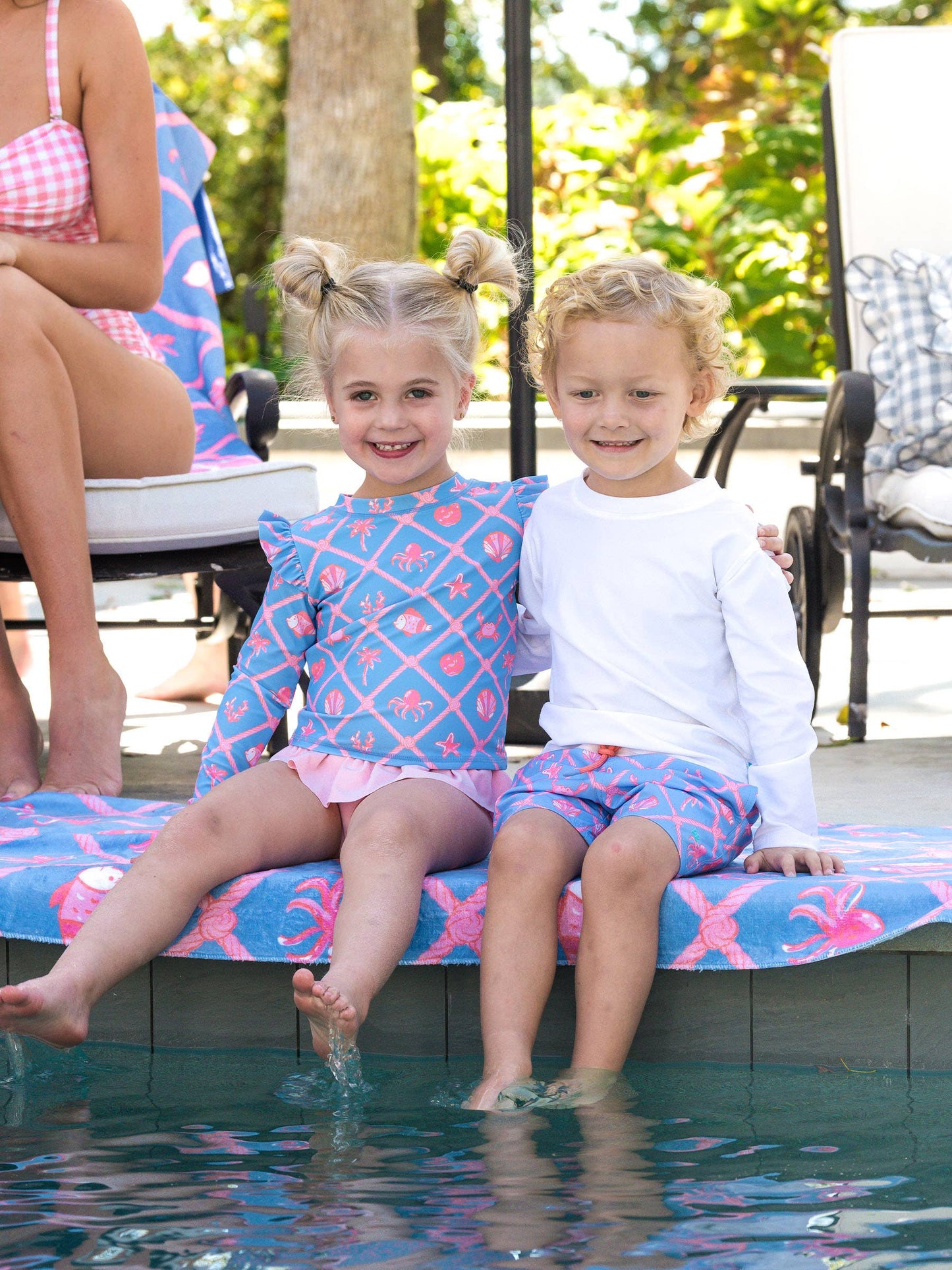 Girls Tropical Trellis Flutter Long Sleeve Rash Guard Skirted 2-Piece Swimsuit