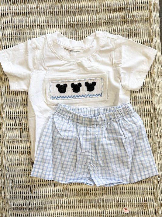 Hand Smock Blue Gingham Mouse Short Set