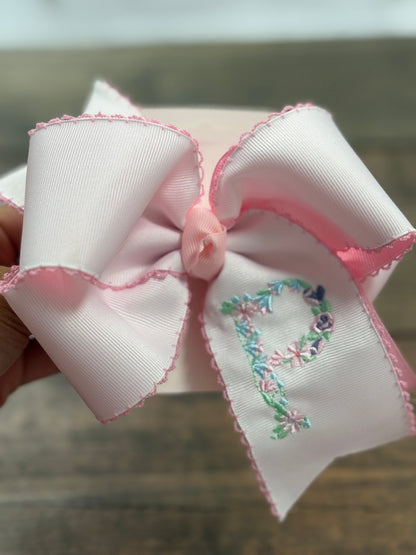 Floral Initial Embroidery Hair Bow