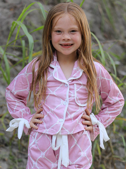 Mommy & me Autumn Check Bow Girls Lapel Pajamas