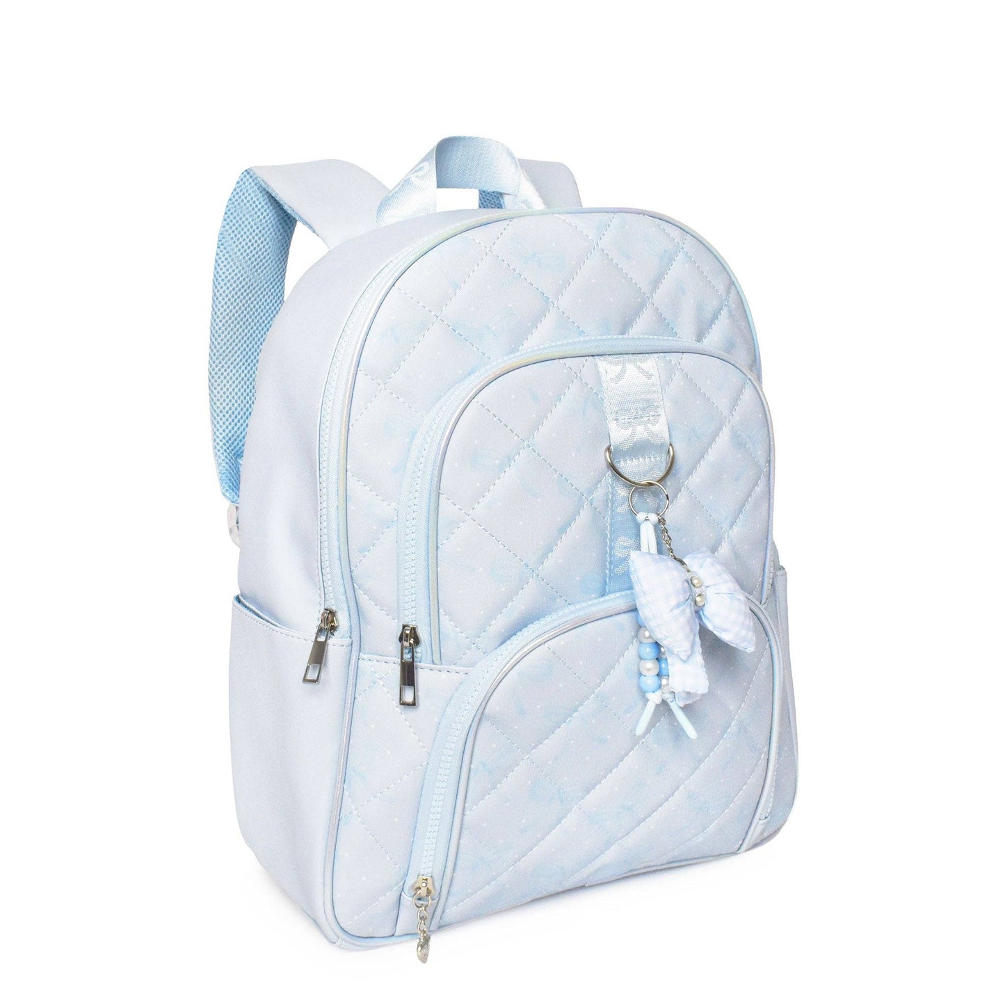 Bow Print Quilted Large Backpack with Charm
