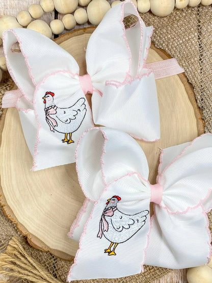 Chicken Embroidered Moonstitch Hair Bow