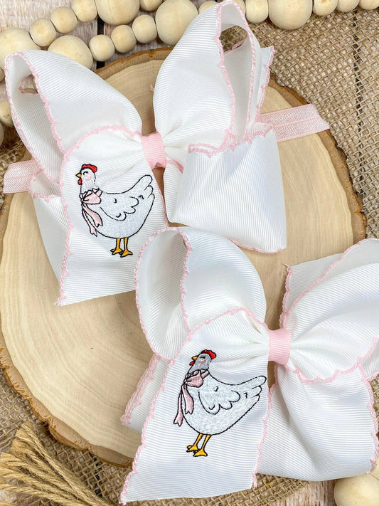 Chicken Embroidered Moonstitch Hair Bow