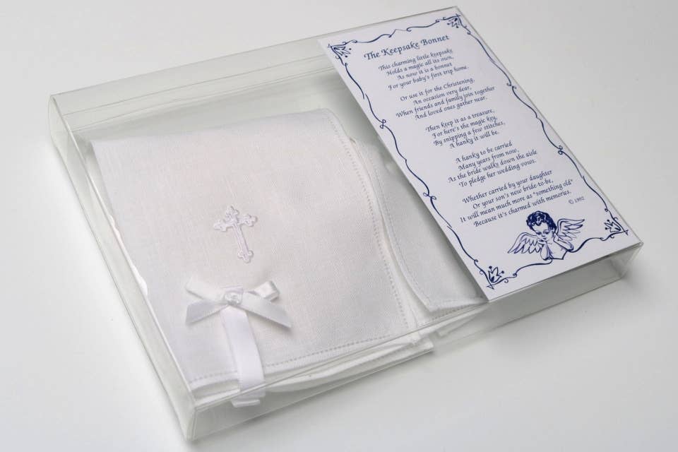 Linen Keepsake Baby Bonnet W/Cross