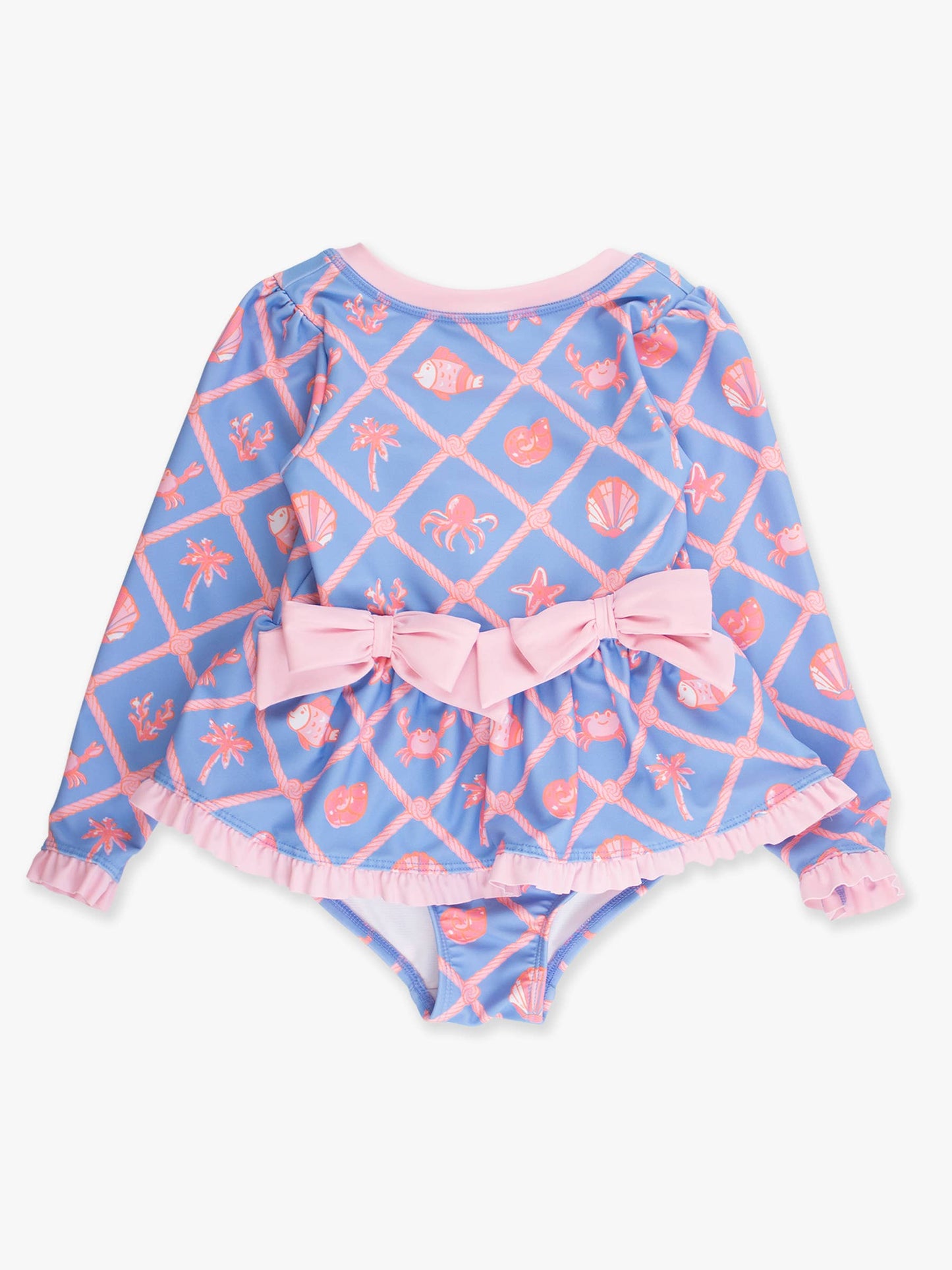 Girls Tropical Trellis Long Sleeve One Piece Bow Peplum Rash Guard Swimsuit