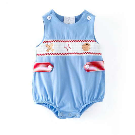 Baby Boy Blue Baseball Smocked Romper