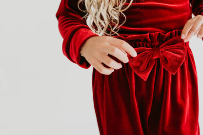 Girls Red Burgundy Velvet Christmas Holiday Pant Set