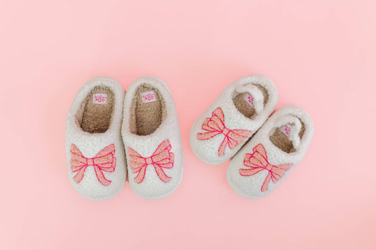 Toddler/Kids Fuzzy Plush Slippers with Pink Bow