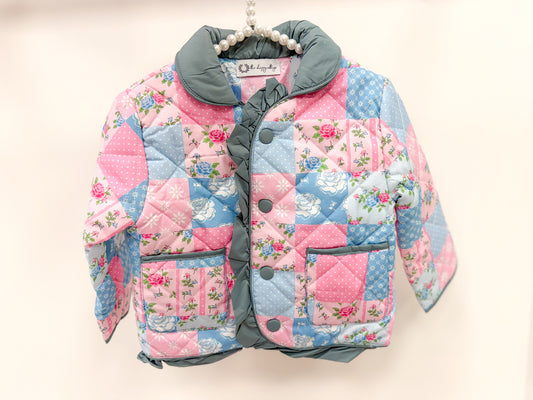 Pink and Blue Floral Patchwork Ruffle Coat