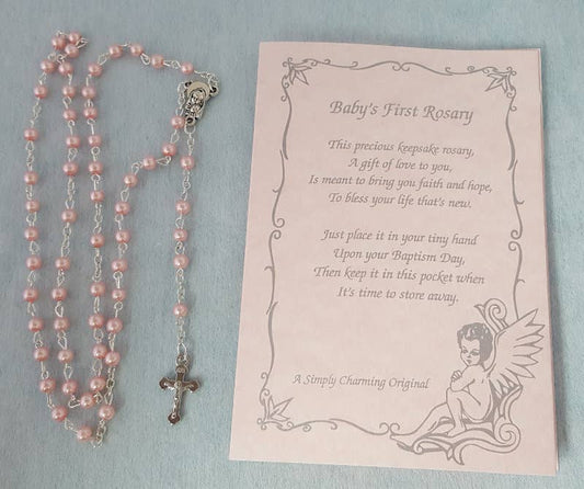 Pink Rosary With Baby'S First Rosary Poem