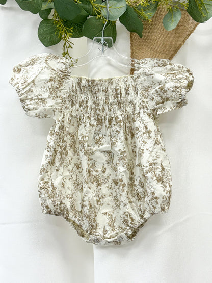 Vintage Floral Smocked Puff Sleeve Baby Romper - Blue/Apricot