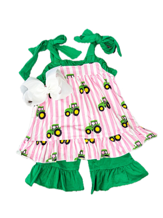 Girl Striped Tractor Short Set