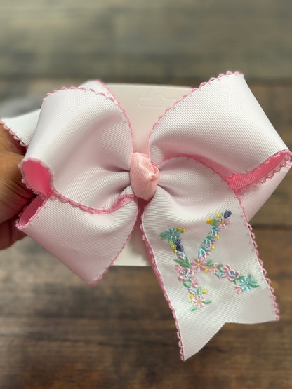 Floral Initial Embroidery Hair Bow