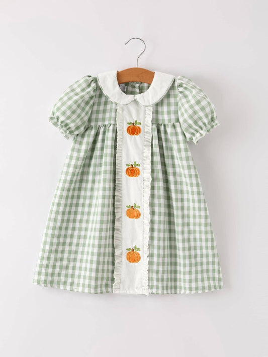 Fall Halloween & Thanksgiving Pumpkin Applique Plaid Green Girls Dress