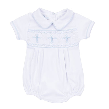 Forever Blessed Smocked Bubble - White Light Blue