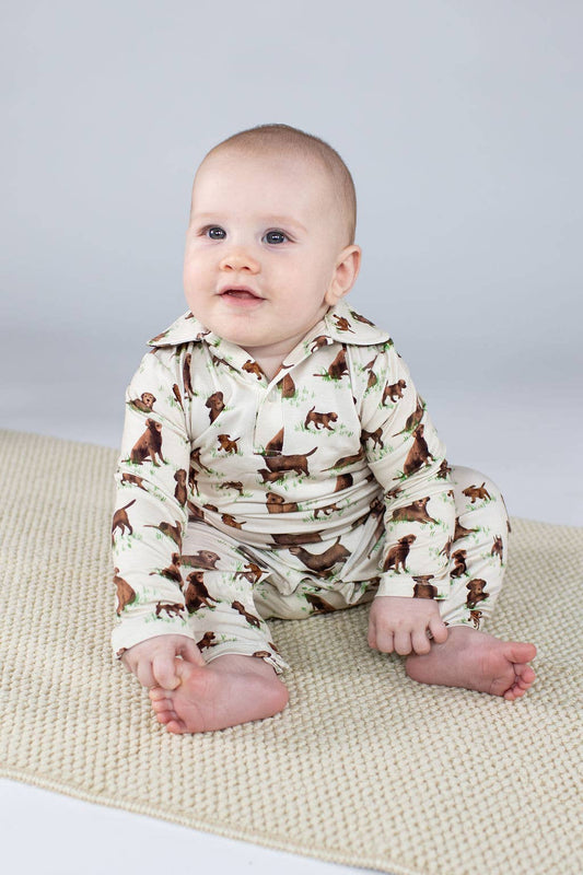 Chocolate Lab Dogs - LS Polo Romper