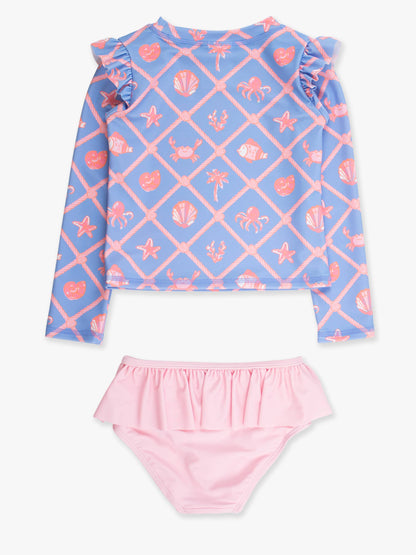 Girls Tropical Trellis Flutter Long Sleeve Rash Guard Skirted 2-Piece Swimsuit