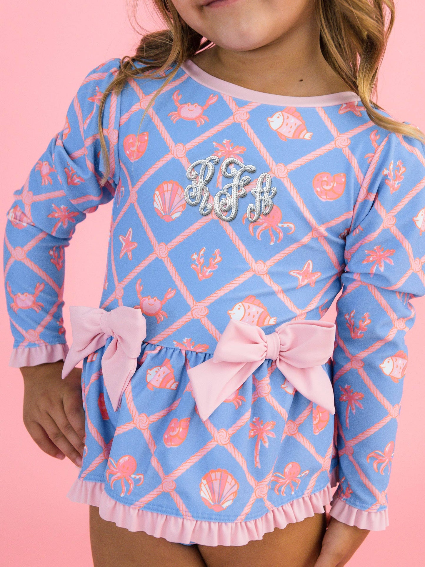Girls Tropical Trellis Long Sleeve One Piece Bow Peplum Rash Guard Swimsuit