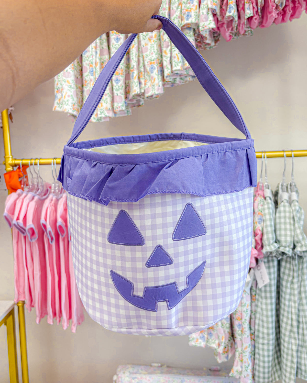 Purple Gingham Ruffled Halloween Basket