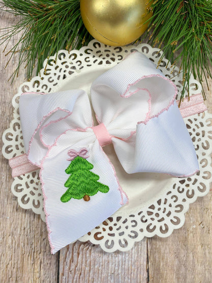 Pink Christmas Tree Embroidered Hair Bow Headband