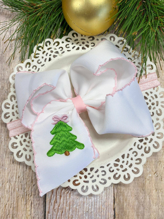 Pink Christmas Tree Embroidered Hair Bow Headband