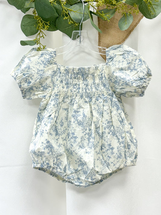 Vintage Floral Smocked Puff Sleeve Baby Romper - Blue/Apricot