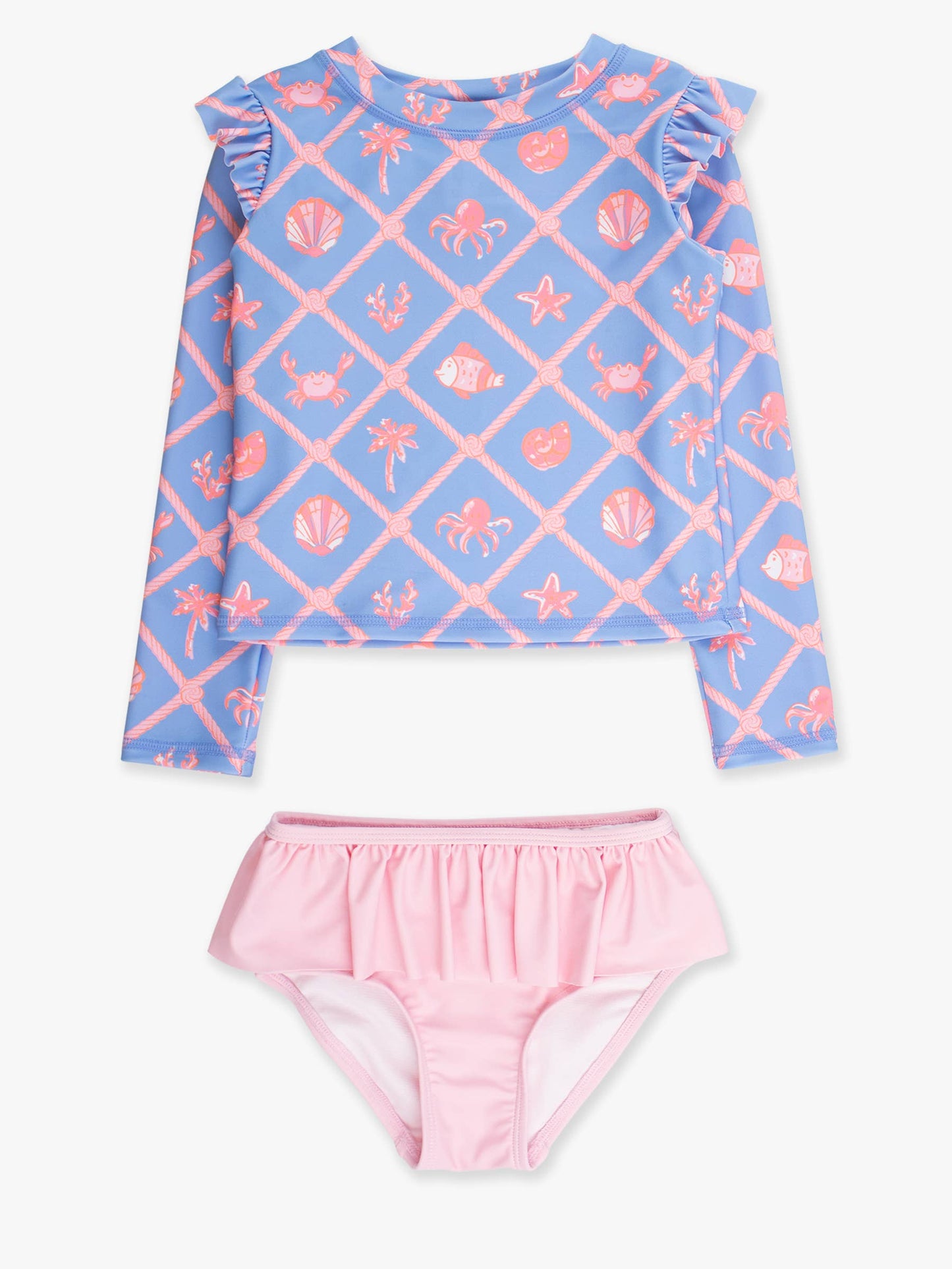 Girls Tropical Trellis Flutter Long Sleeve Rash Guard Skirted 2-Piece Swimsuit