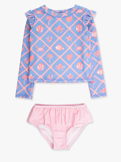 Girls Tropical Trellis Flutter Long Sleeve Rash Guard Skirted 2-Piece Swimsuit