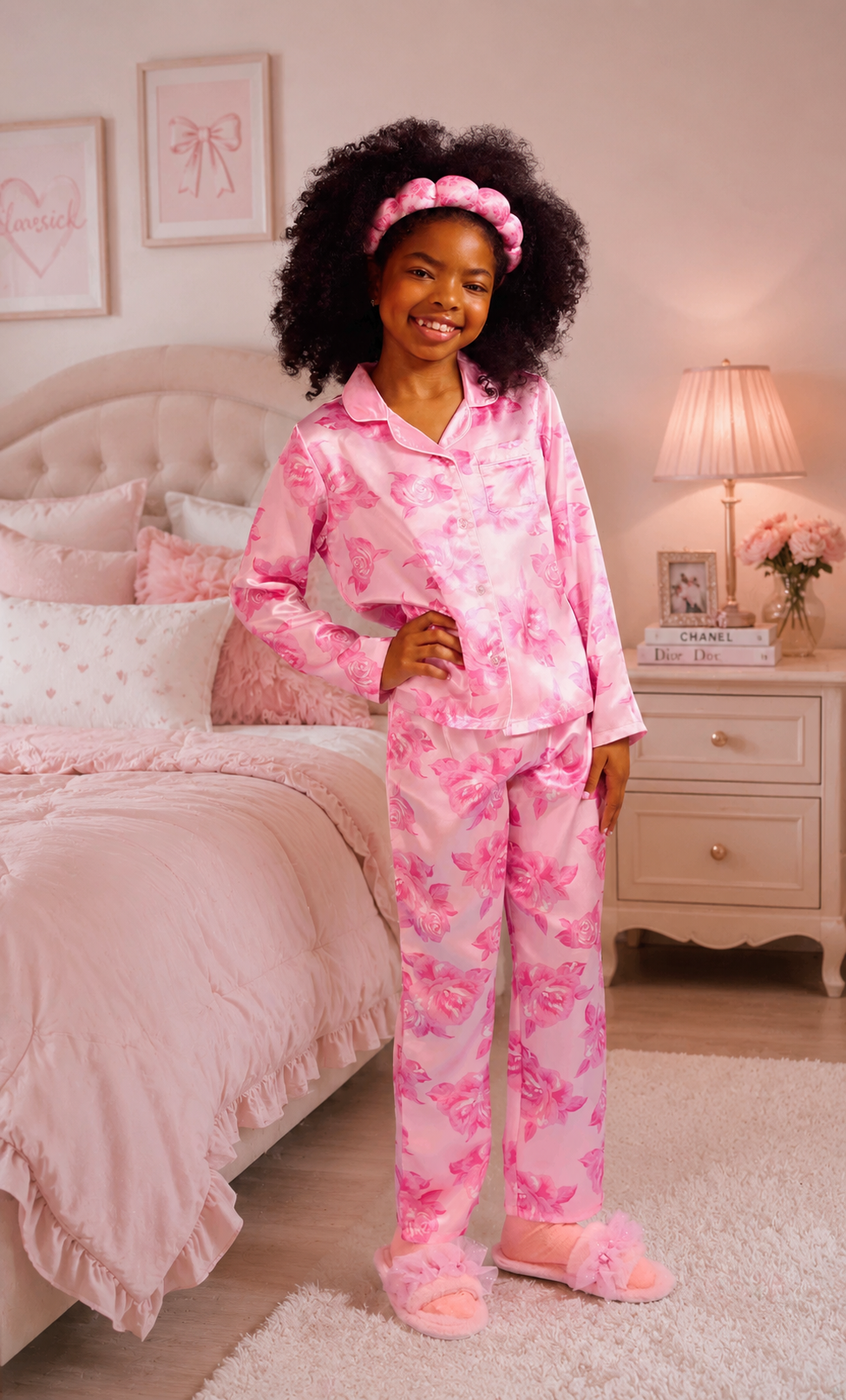 Rose Print Satin Pajama Set with Headband